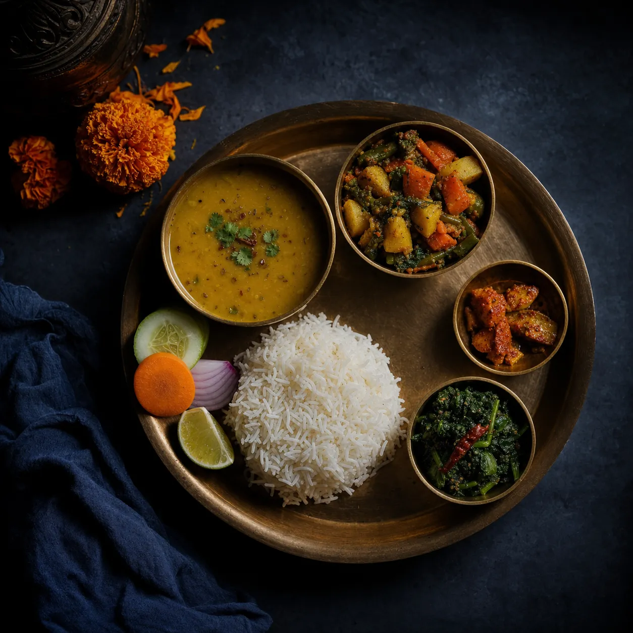 A brass thali with a glass of chiya beside it on a dark surface, marigold flowers in the corner.