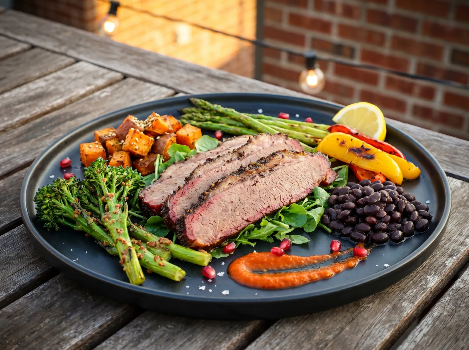 Grass-fed brisket plate on weathered rooftop wood under warm bistro string lights: hand-sliced smoked brisket with bark crust and pink smoke ring, charred broccolini tossed with whole-grain mustard, roasted Japanese sweet potato with za'atar oil, lemon-garlic asparagus, grilled peppers, black beans, fermented hot sauce, pomegranate seeds, Maldon flake, lemon wedge.