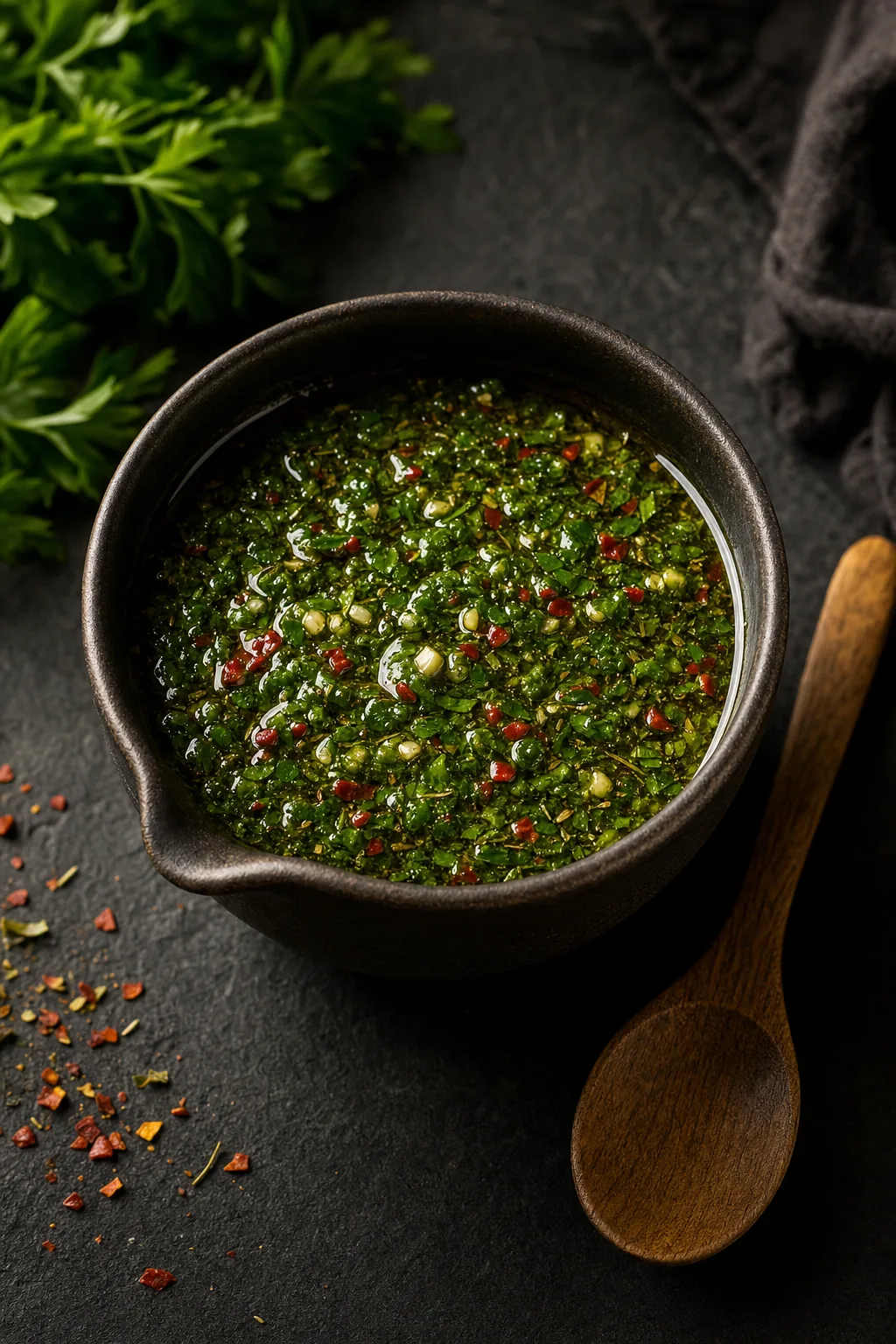 Fresh chimichurri in a dark ceramic ramekin, parsley, garlic, oregano, red chili, olive oil.