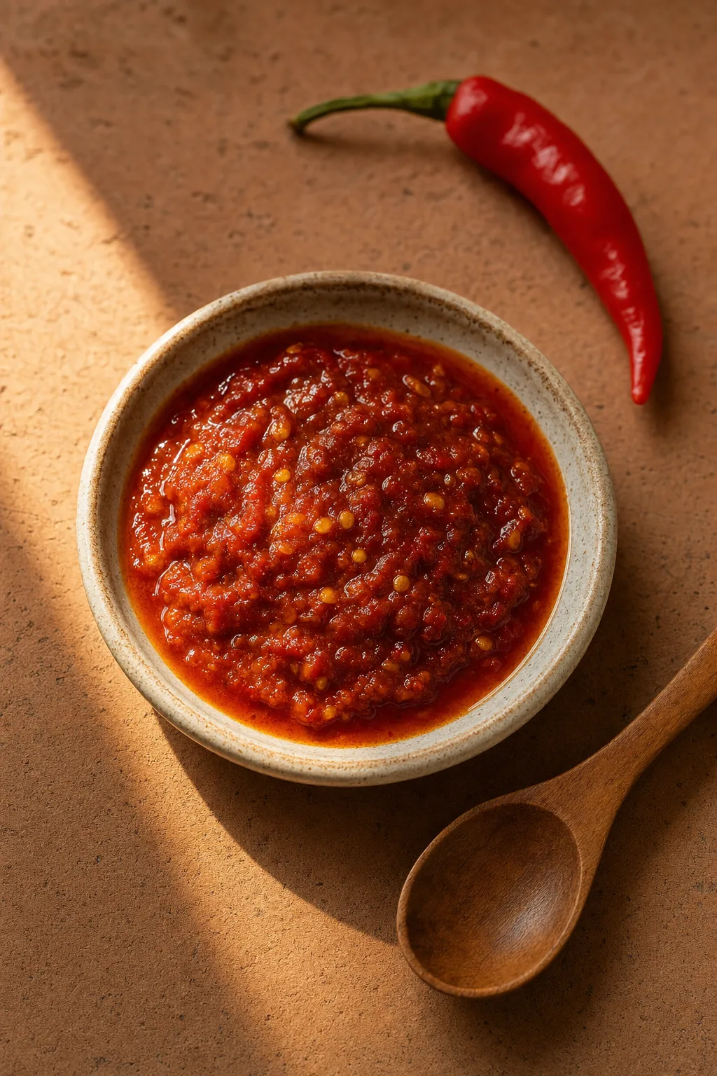 Fermented hot sauce in a dark ceramic vessel, deep orange-red, next to the chimichurri.