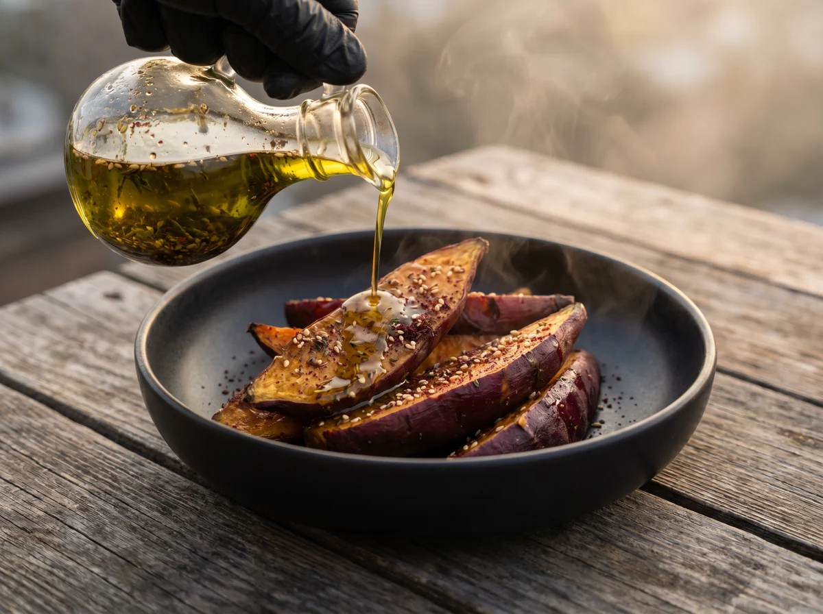 Glass cruet of bright golden-green za'atar oil mid-pour onto roasted Japanese sweet potato wedges in a black bowl, sumac and sesame flecks visible in the oil, weathered rooftop wood underneath.