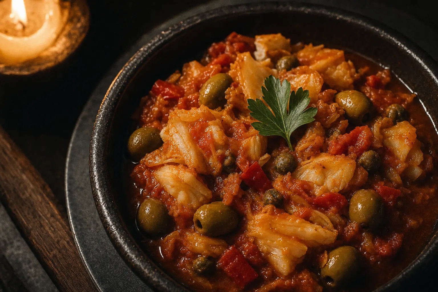 Bacalao a la Vizcaina — flaked salt-cured cod in tomato sauce with green olives in a dark stoneware bowl, candlelit.
