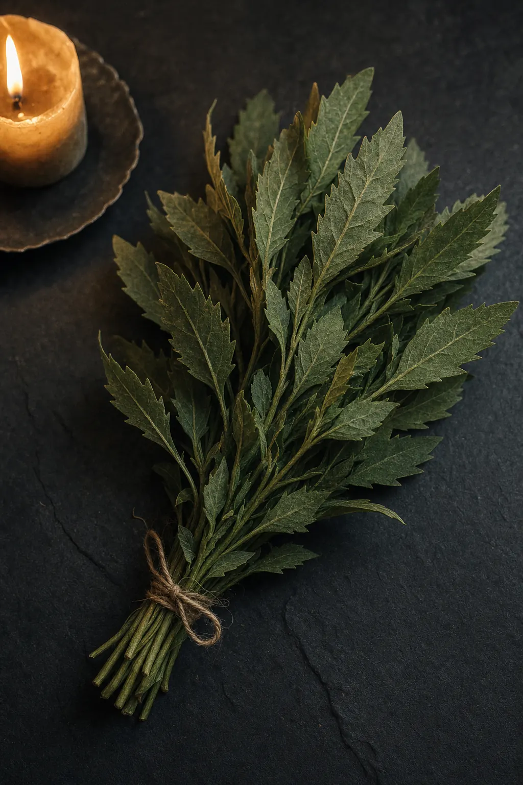 A small bouquet of fresh epazote leaves tied with twine on dark slate, lit by candlelight.