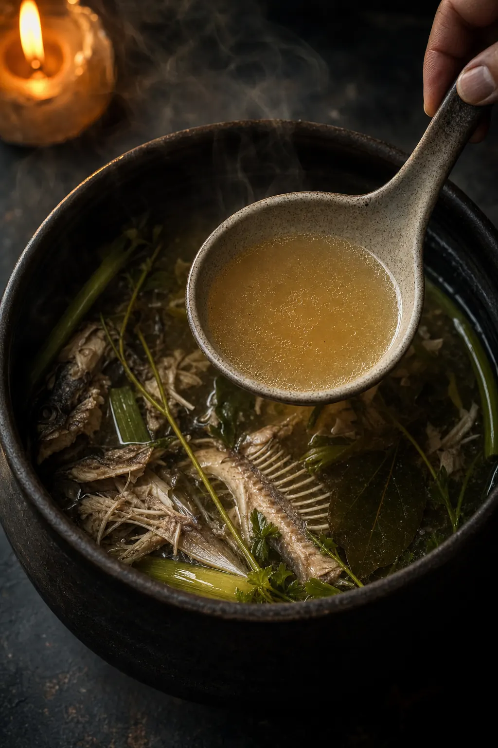 A ceramic ladle lifting pale golden fish stock from a dark stoneware pot, steam rising.