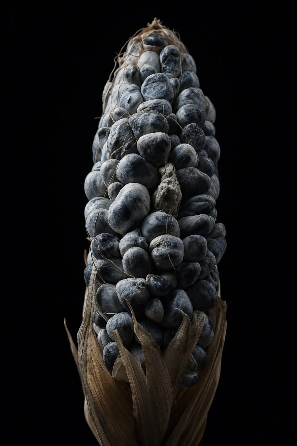 An ear of huitlacoche corn fungus with deep blue-grey swollen kernels against a black background.