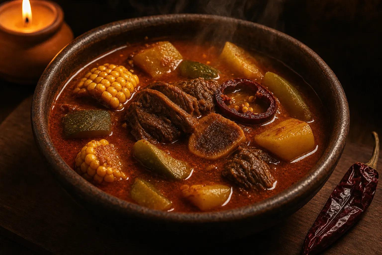 Mole de Olla — beef and bone broth with corn, squash, and dried chiles in a dark clay bowl with rising steam.
