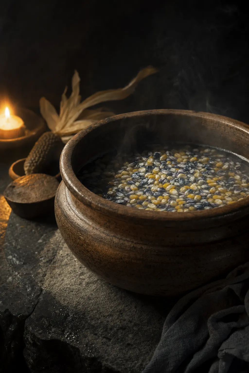 Heirloom blue and yellow corn kernels soaking in alkaline calcium hydroxide solution in a clay vessel — the nixtamalization process.