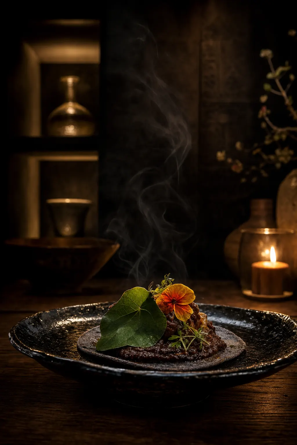 A single tetela on a dark obsidian-glazed plate with hoja santa and an edible flower.