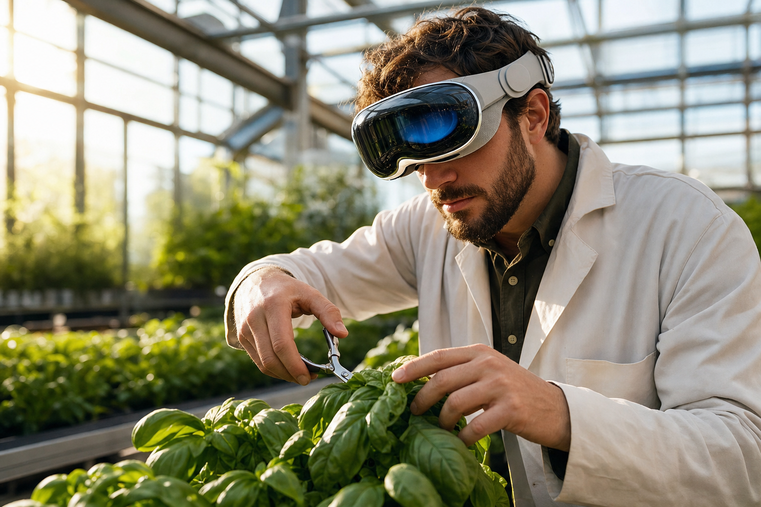 A horticulturist in an Apple Vision Pro headset pruning basil in a softly-lit greenhouse, with a faint spatial mesh overlay tracking their hands.