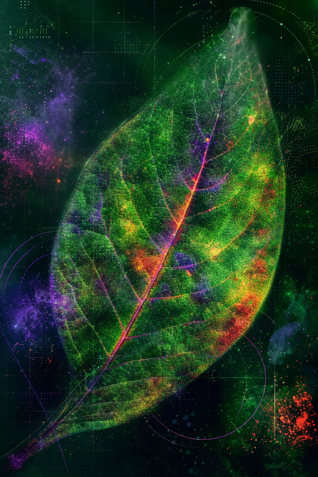 Abstract multispectral imaging of a leaf, glowing with infrared reds and ultraviolet violets over chlorophyll greens.