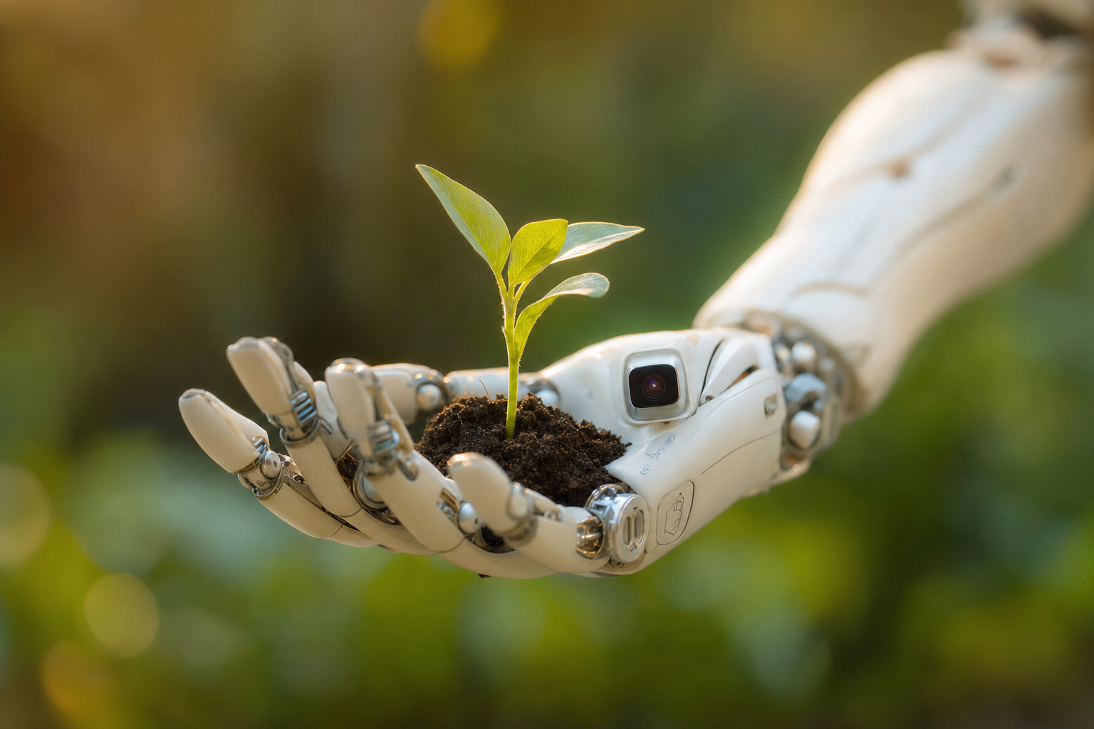 A delicate white robotic hand cradles a young seedling in a bed of soil, with a small multispectral camera embedded in its palm.