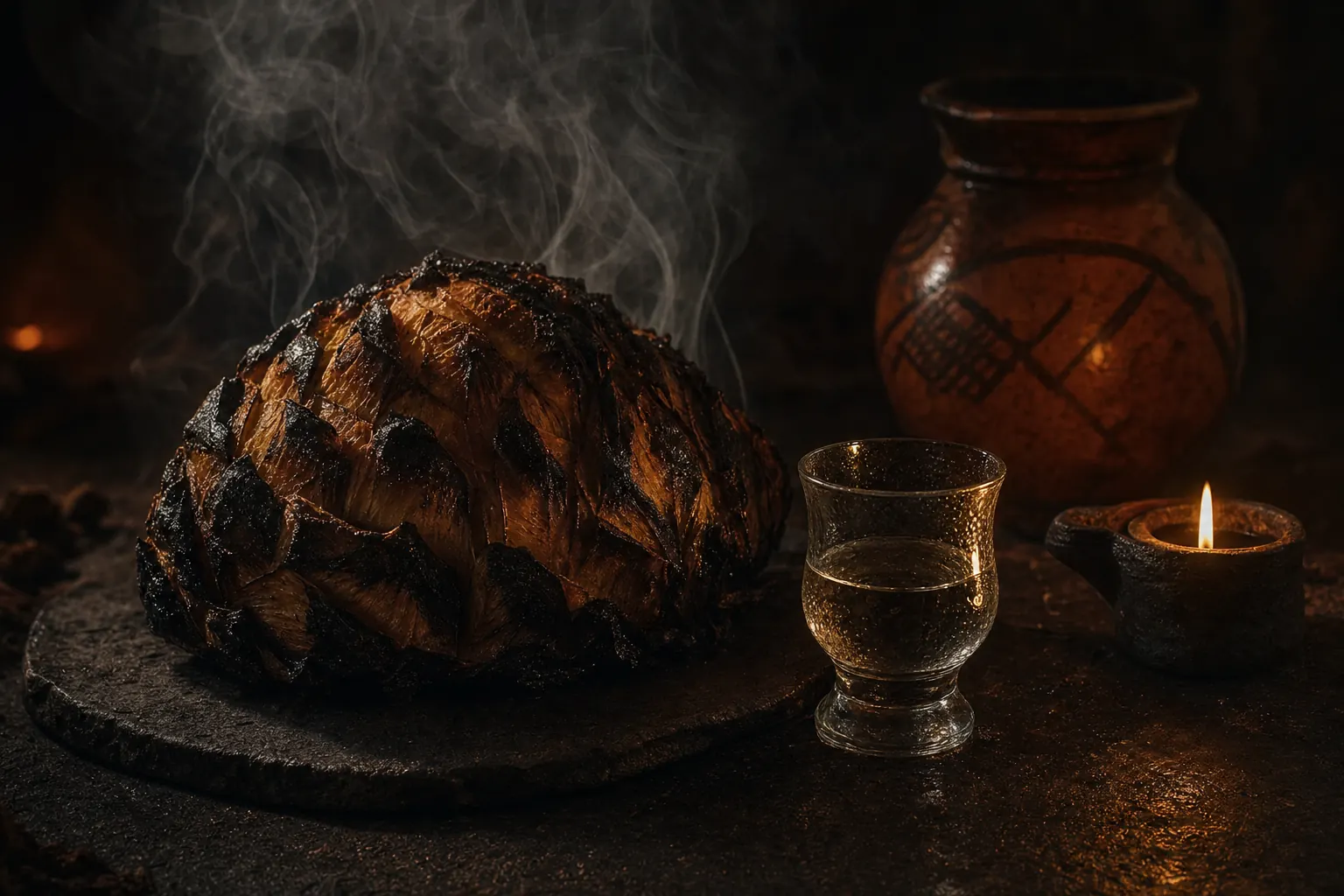 A roasted agave heart smoking on dark stone beside a single mezcal glass.