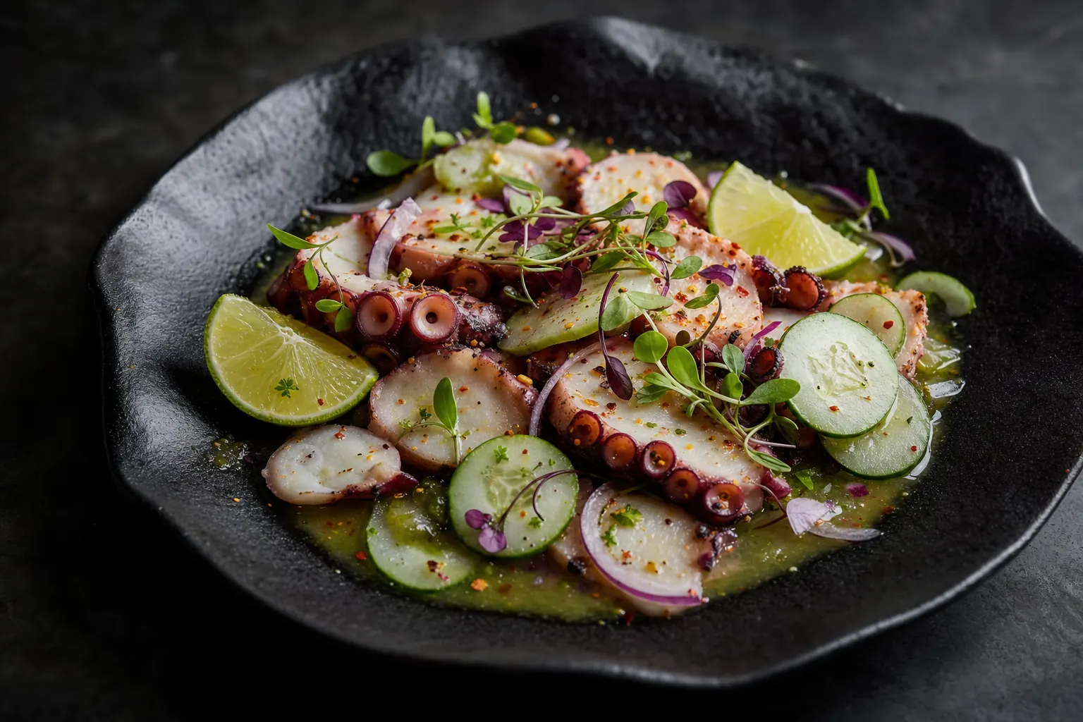 Aguachile de pulpo with braised octopus, blood orange, avocado, and salsa macha on tostadas.