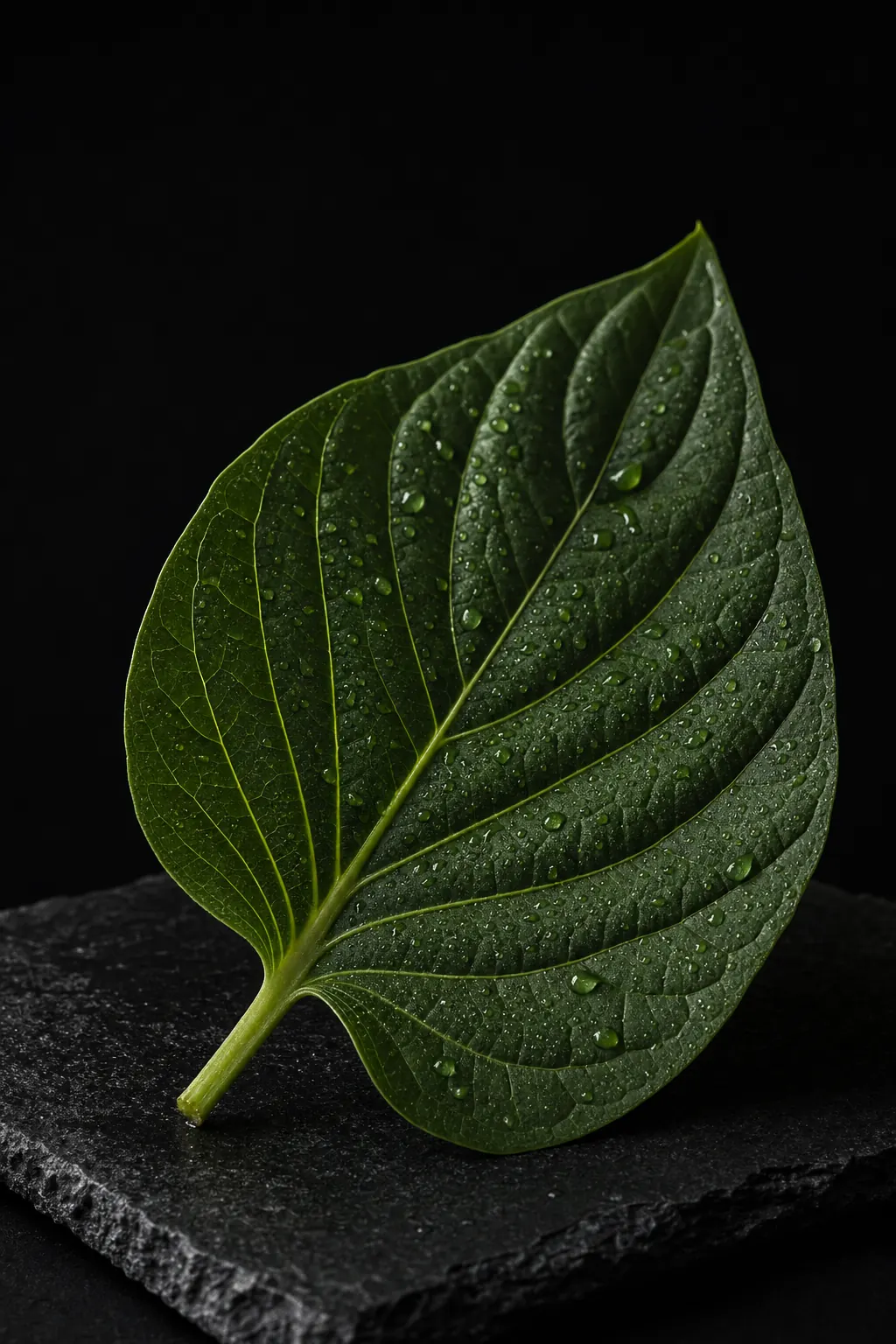 A single hoja santa leaf on dark slate with water droplets.