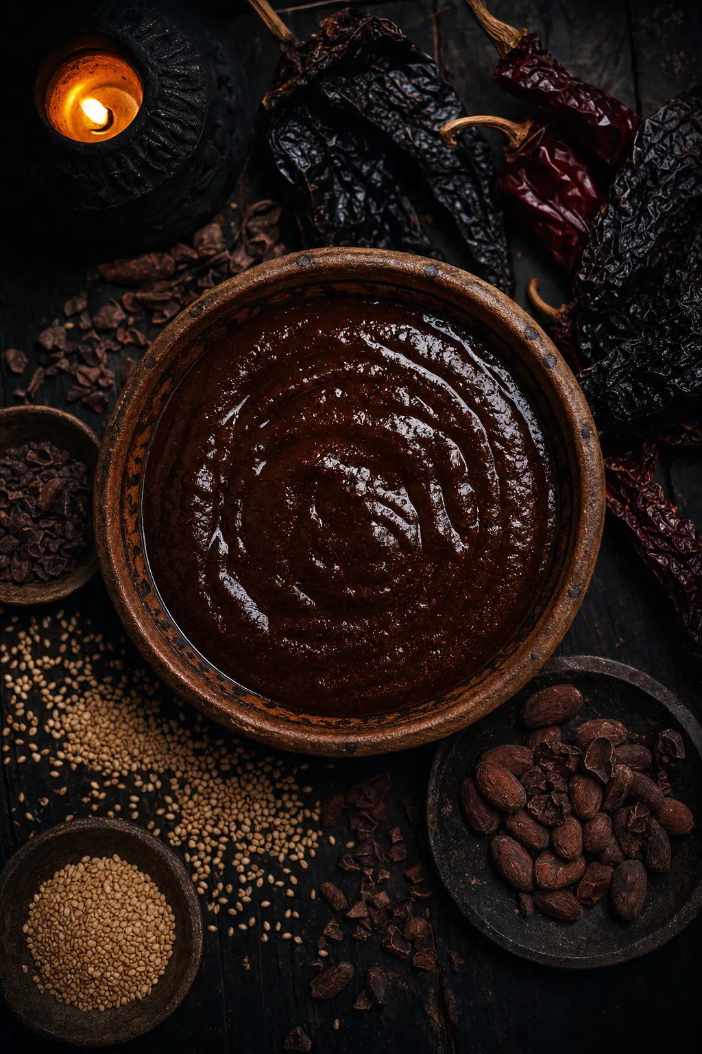 Glossy dark mole sauce in a clay bowl surrounded by cacao nibs, sesame, and dried chiles.