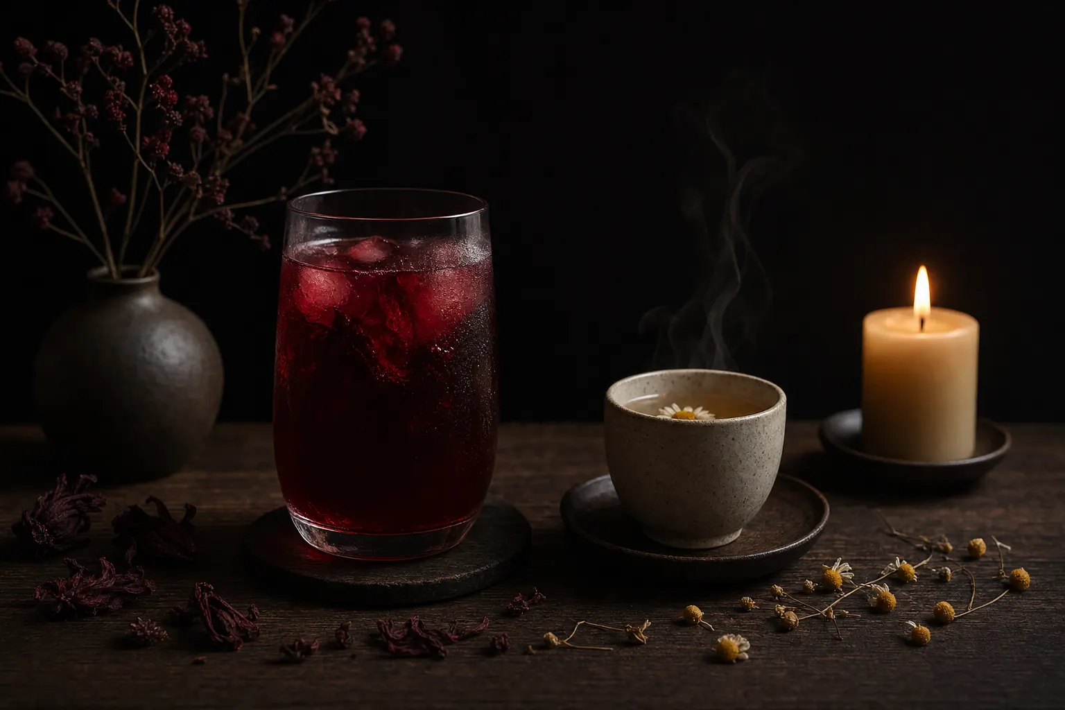 A glass of deep ruby agua de jamaica beside a steaming cup of chamomile tea by candlelight.
