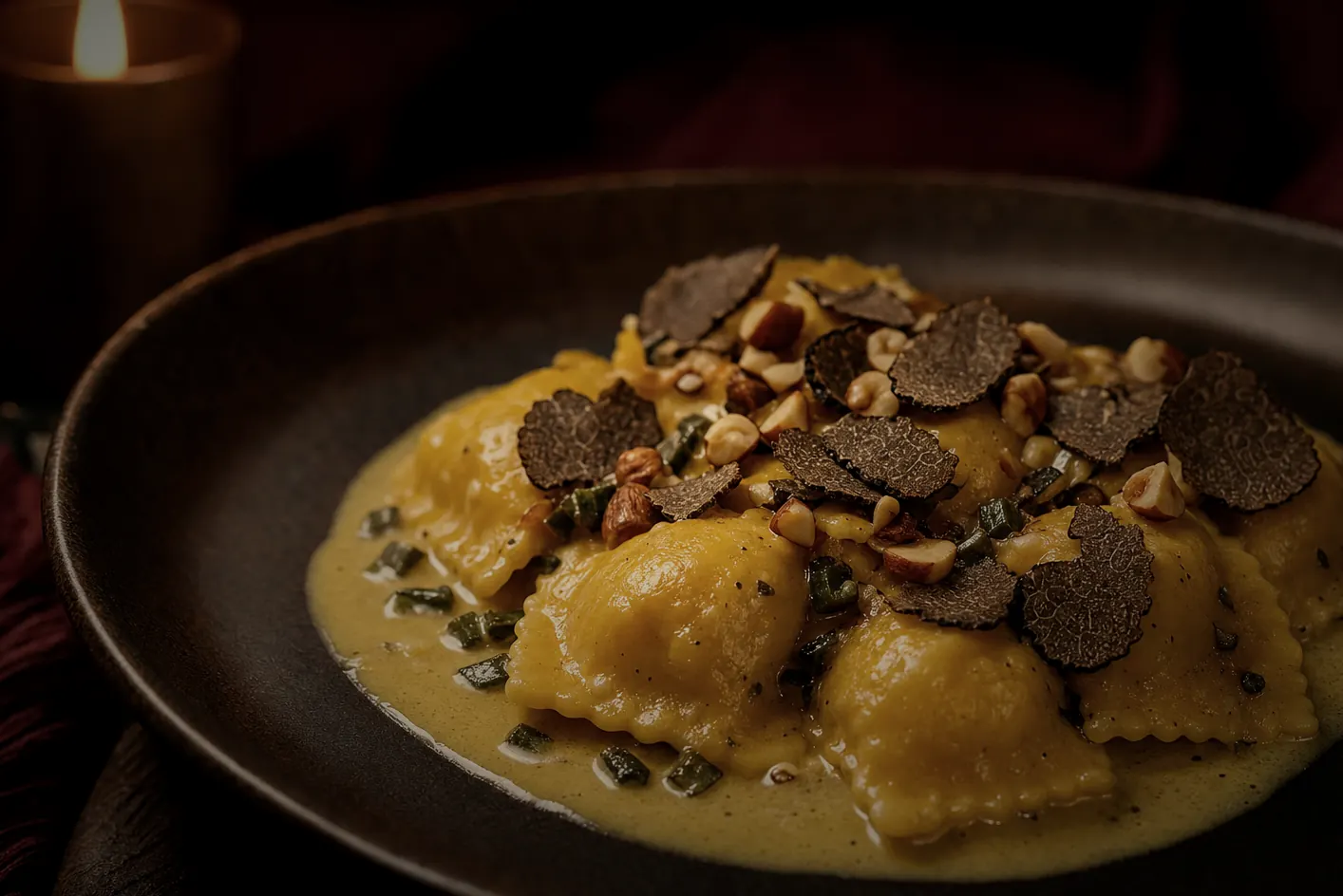 Sweet corn agnolotto in mascarpone-yellow sauce with hazelnuts and shaved black truffle.