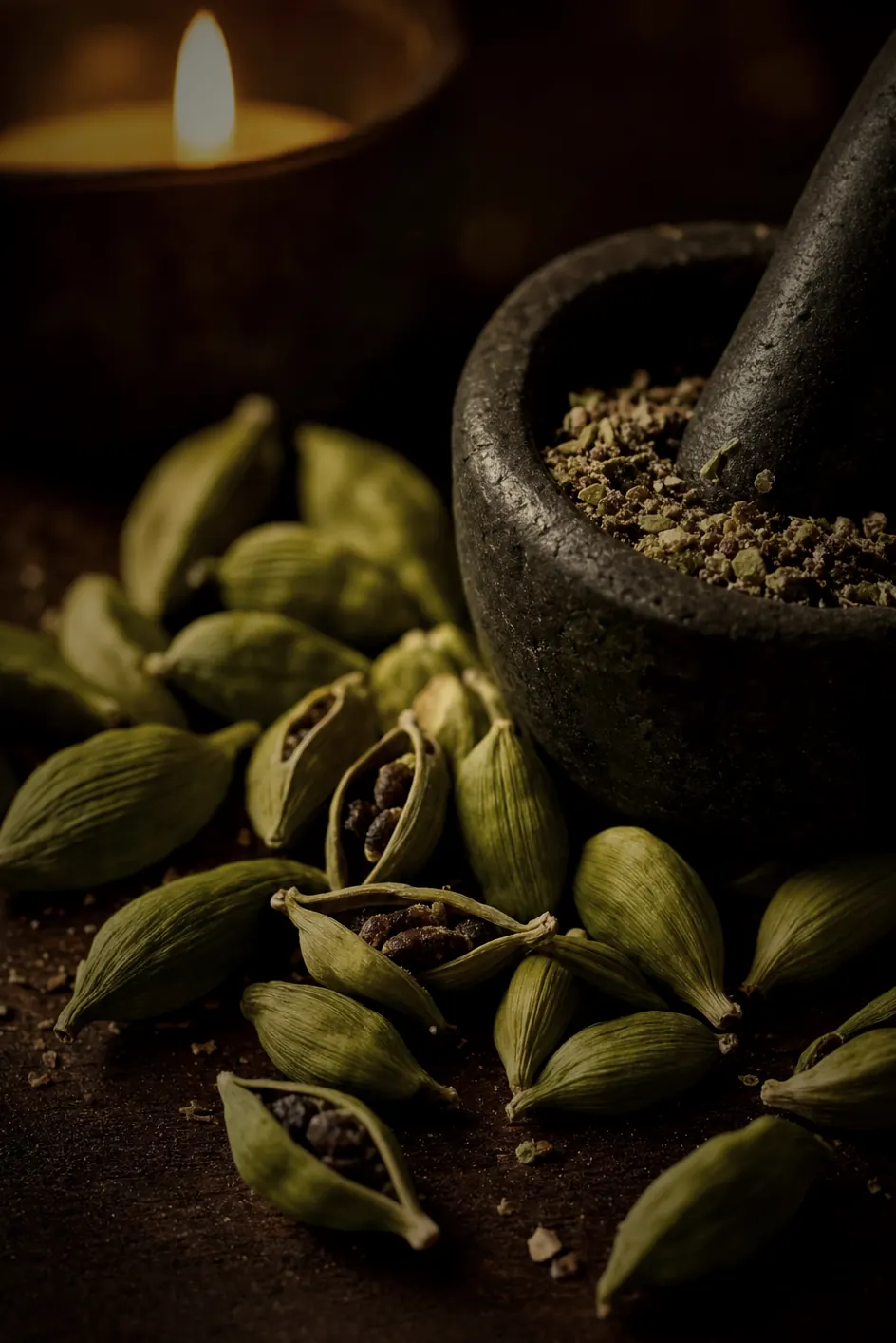 Green cardamom pods on dark wood with a stone mortar holding crushed seeds.