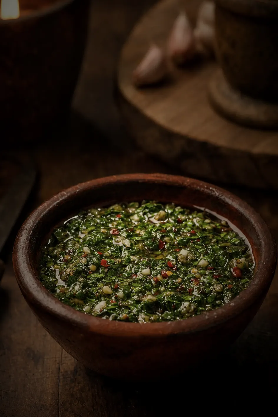 Fresh chimichurri in a small terracotta vessel — parsley, garlic, oregano, red chili, olive oil.