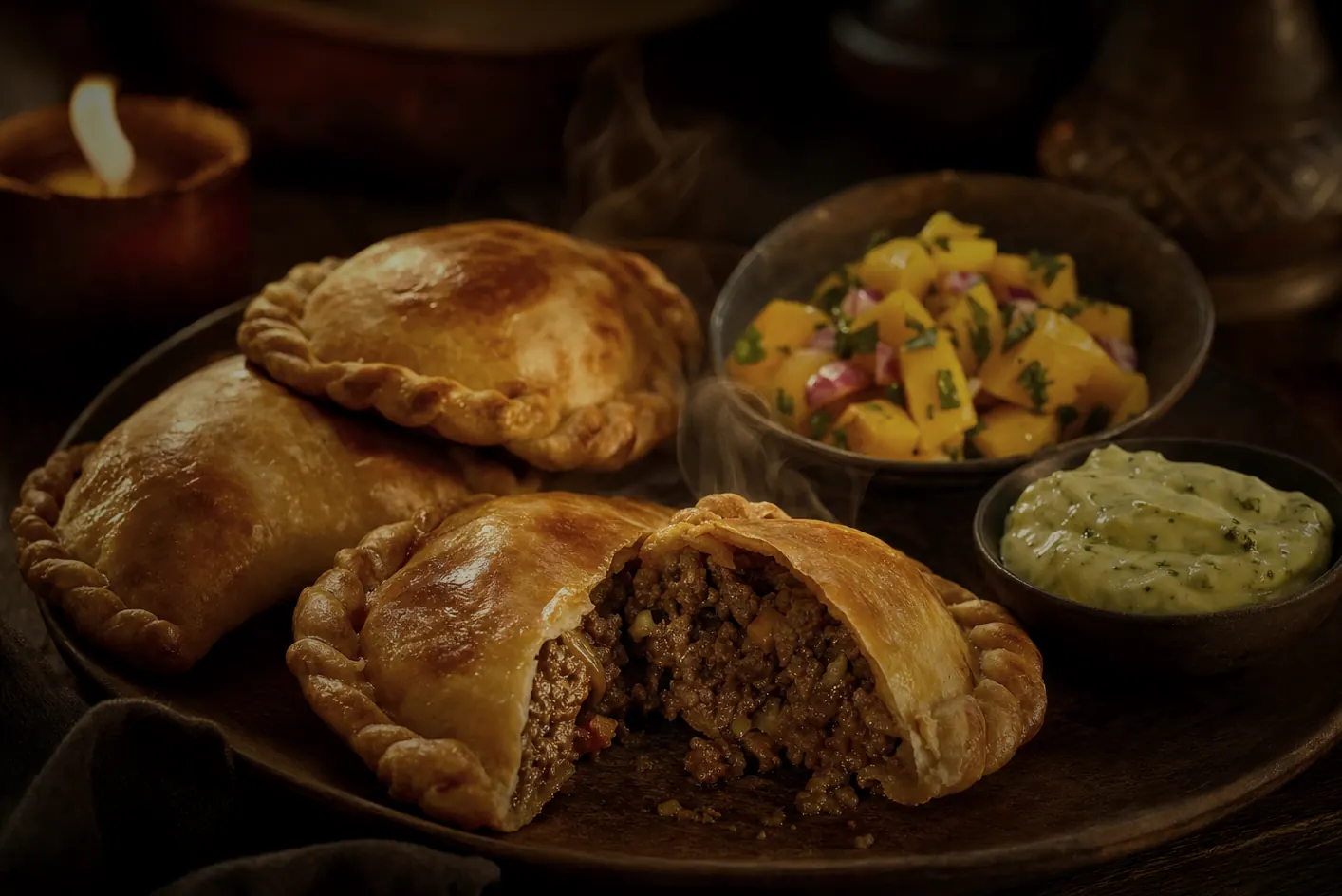Pork and beef empanadas with mango pico and avocado crème fraîche, golden crust, steam rising.