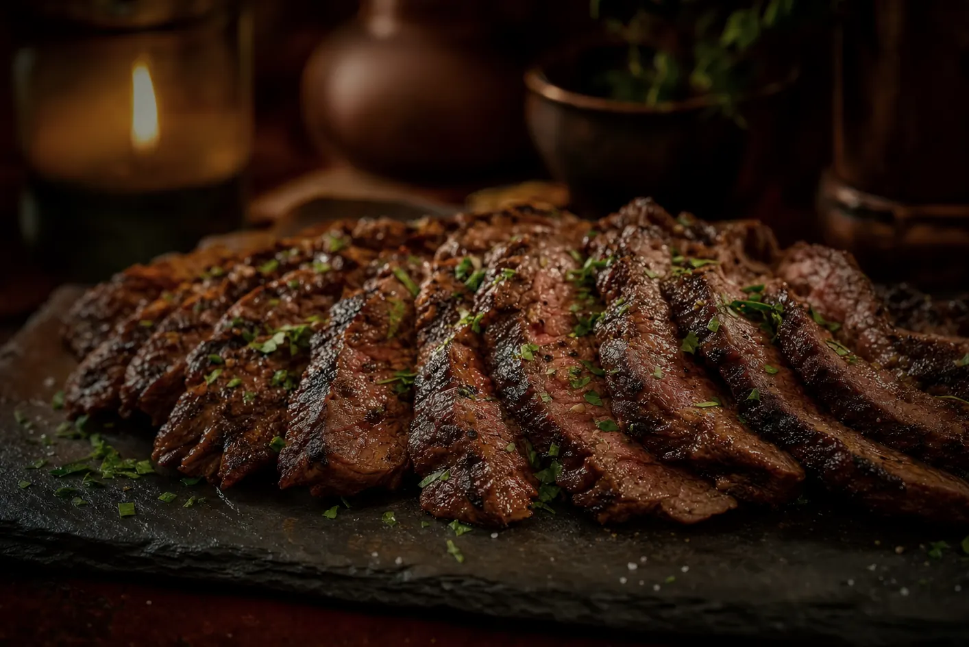 Entraña skirt steak sliced against the grain, deeply charred, with parsley flecks on dark slate.