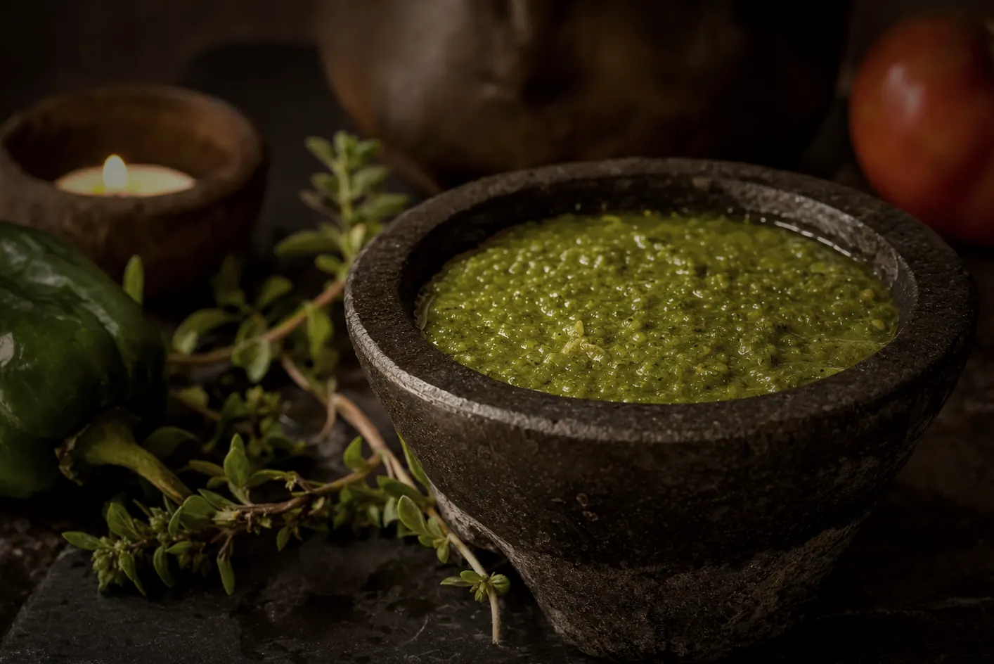 Bolivian llajua sauce in a dark stone mortar — bright green, with locoto chili and herb.