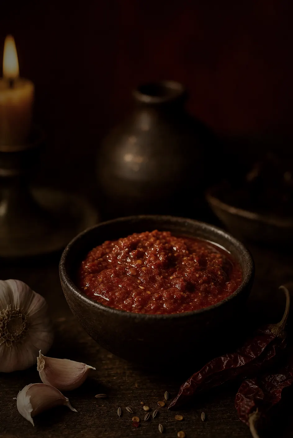 Mojo picón red pepper sauce in a dark ceramic bowl with garlic and dried chili.