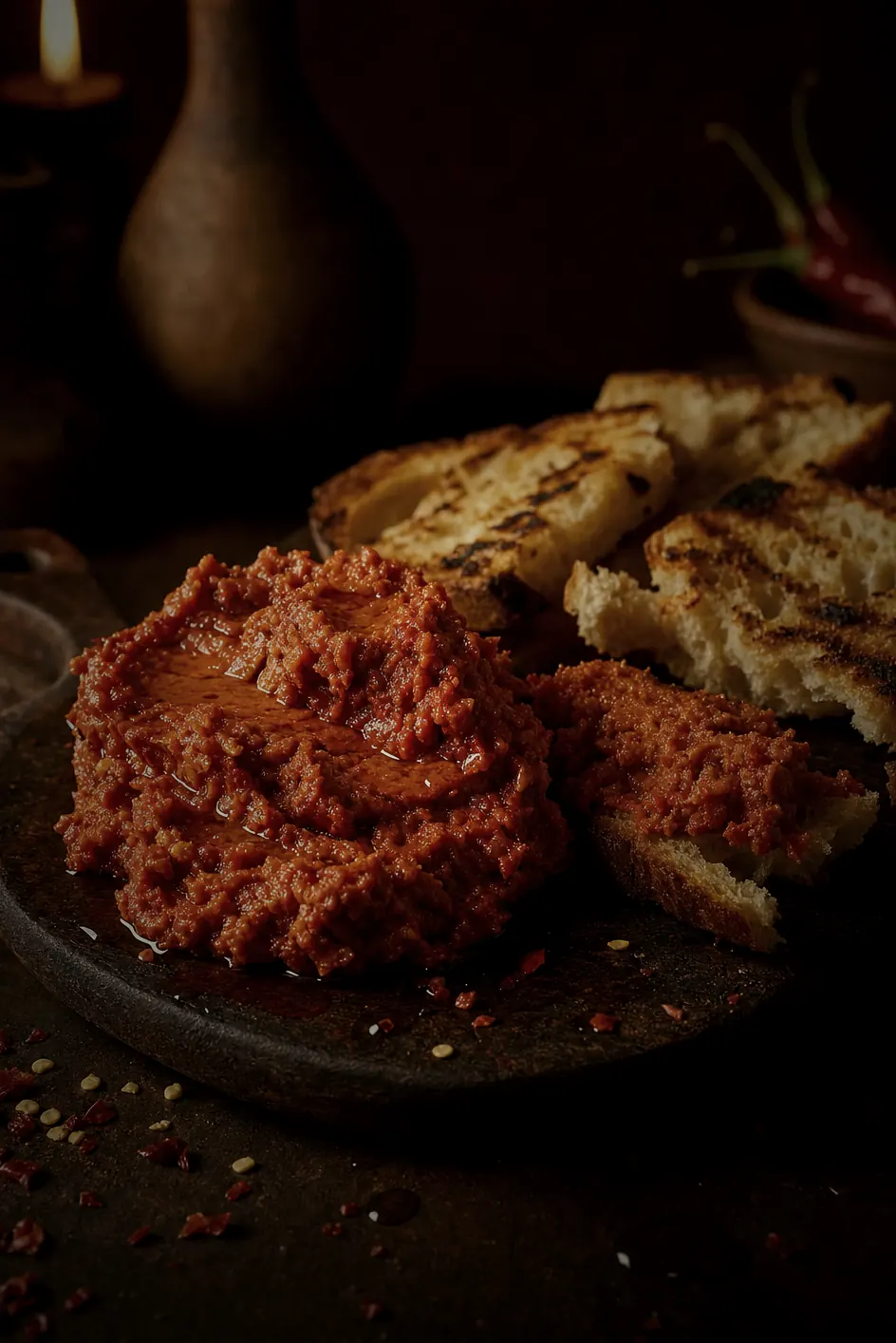 N'duja, soft spreadable spicy Calabrian sausage, on a dark board with grilled bread.