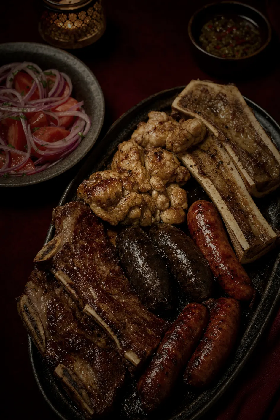 An overhead Argentine parrillada mixta on cast iron — short ribs, morcilla, chorizo, sweetbreads, bone marrow, and ensalada mixta — photographed in candlelight at Porzana.