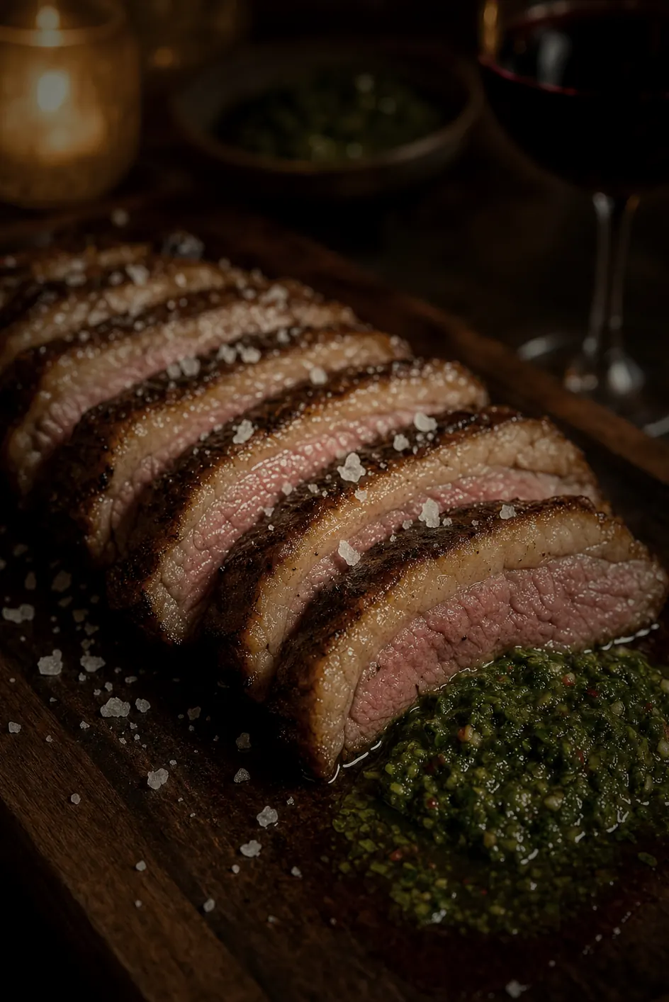 Sliced picanha steak with a crisp golden fat cap and large salt crystals on dark walnut, chimichurri pooling beside it.