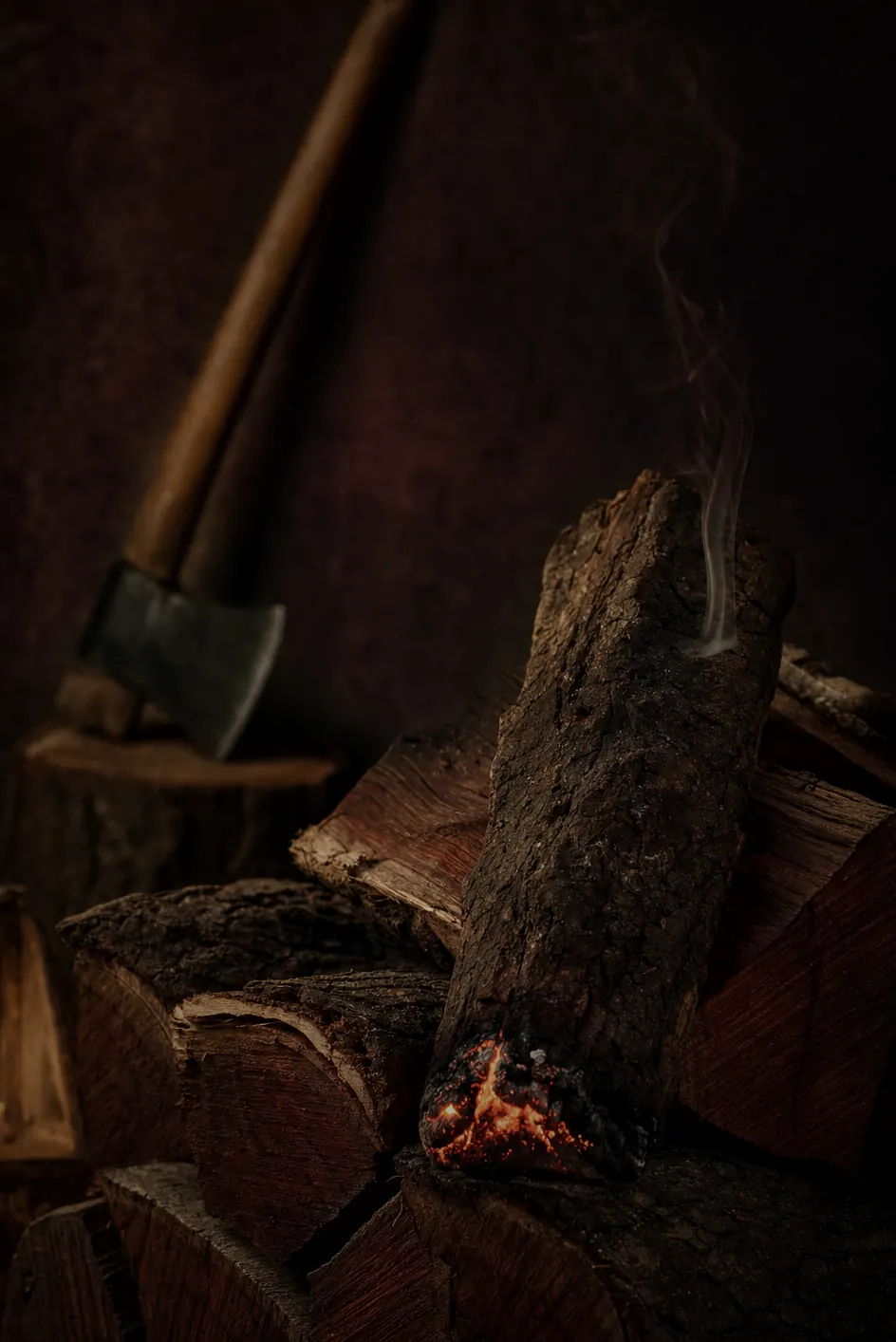 A stack of split quebracho logs with one smoldering, glowing embers visible at its base.