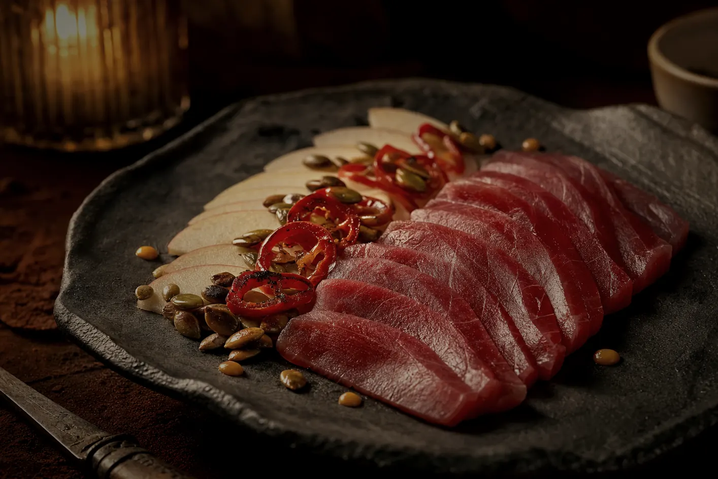 Bluefin tuna crudo with roasted Fresno chili, apple, and toasted pepitas on a dark stone plate.