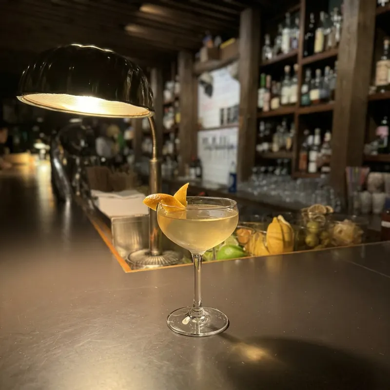 The Death Rides A White Horse cocktail, photographed on the bar at Robin Room.