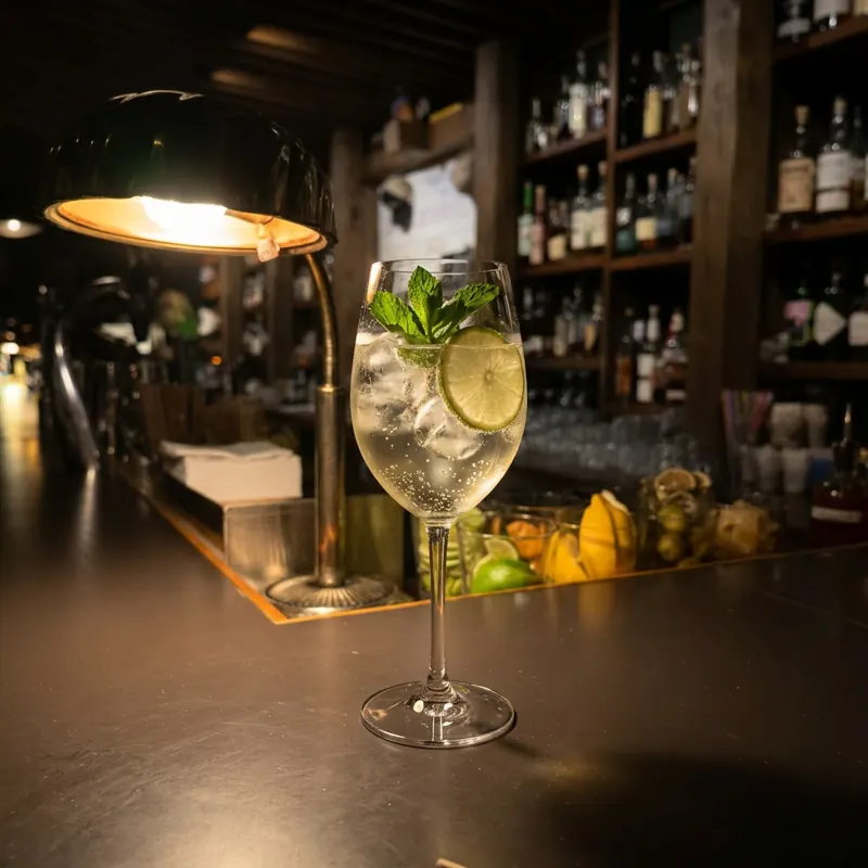 The Hugos Straight And Narrow cocktail, photographed on the bar at Robin Room.