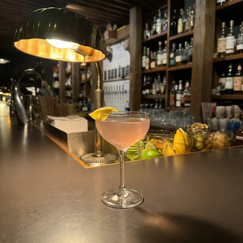 The Monsieur Redford cocktail, photographed on the bar at Robin Room.