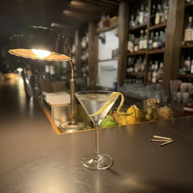 The Vesper cocktail, dim candlelight at Robin Room.