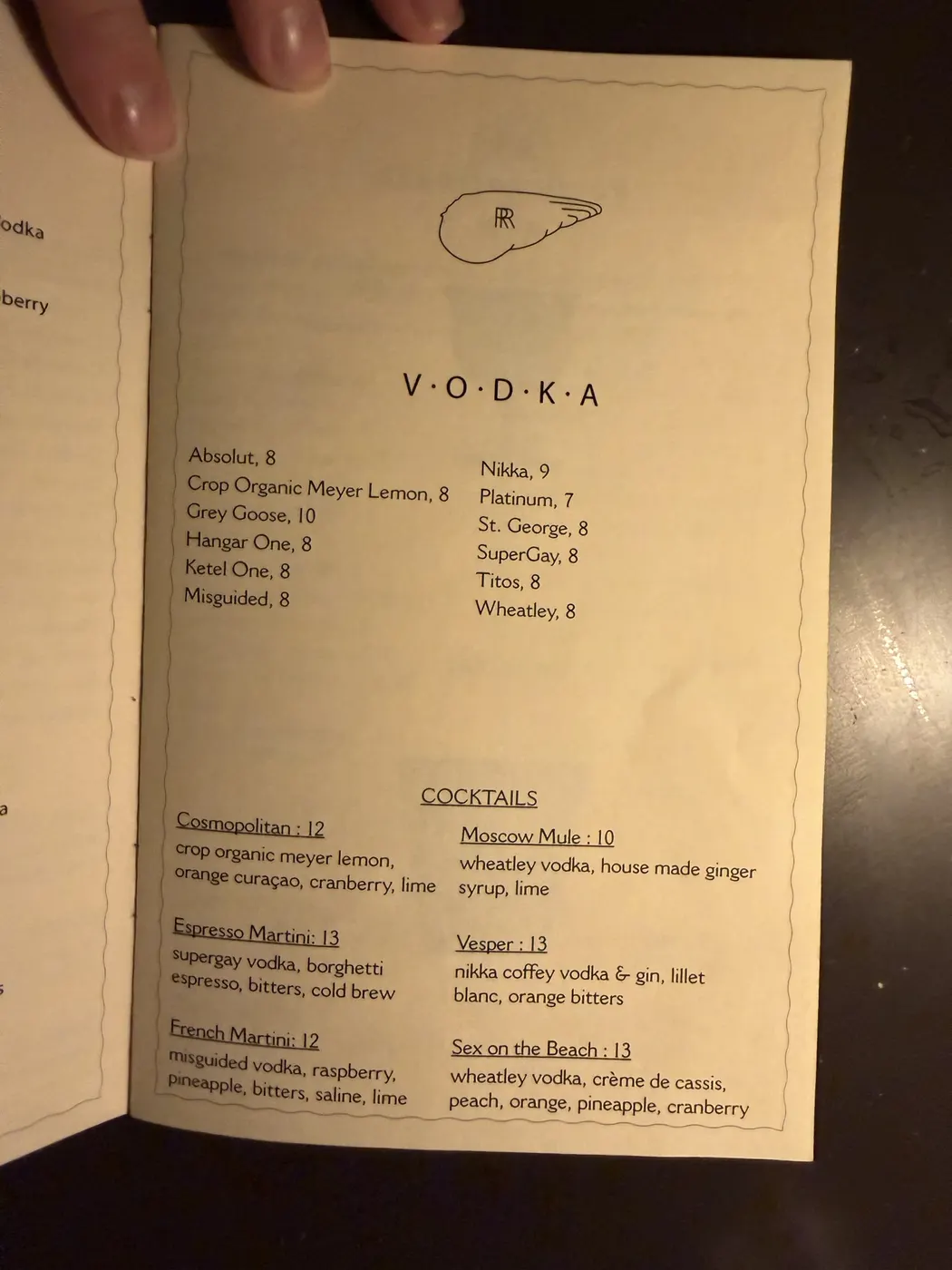 Robin Room vodka list