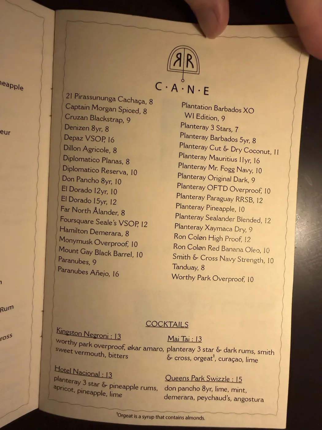 Robin Room rum list and cocktails