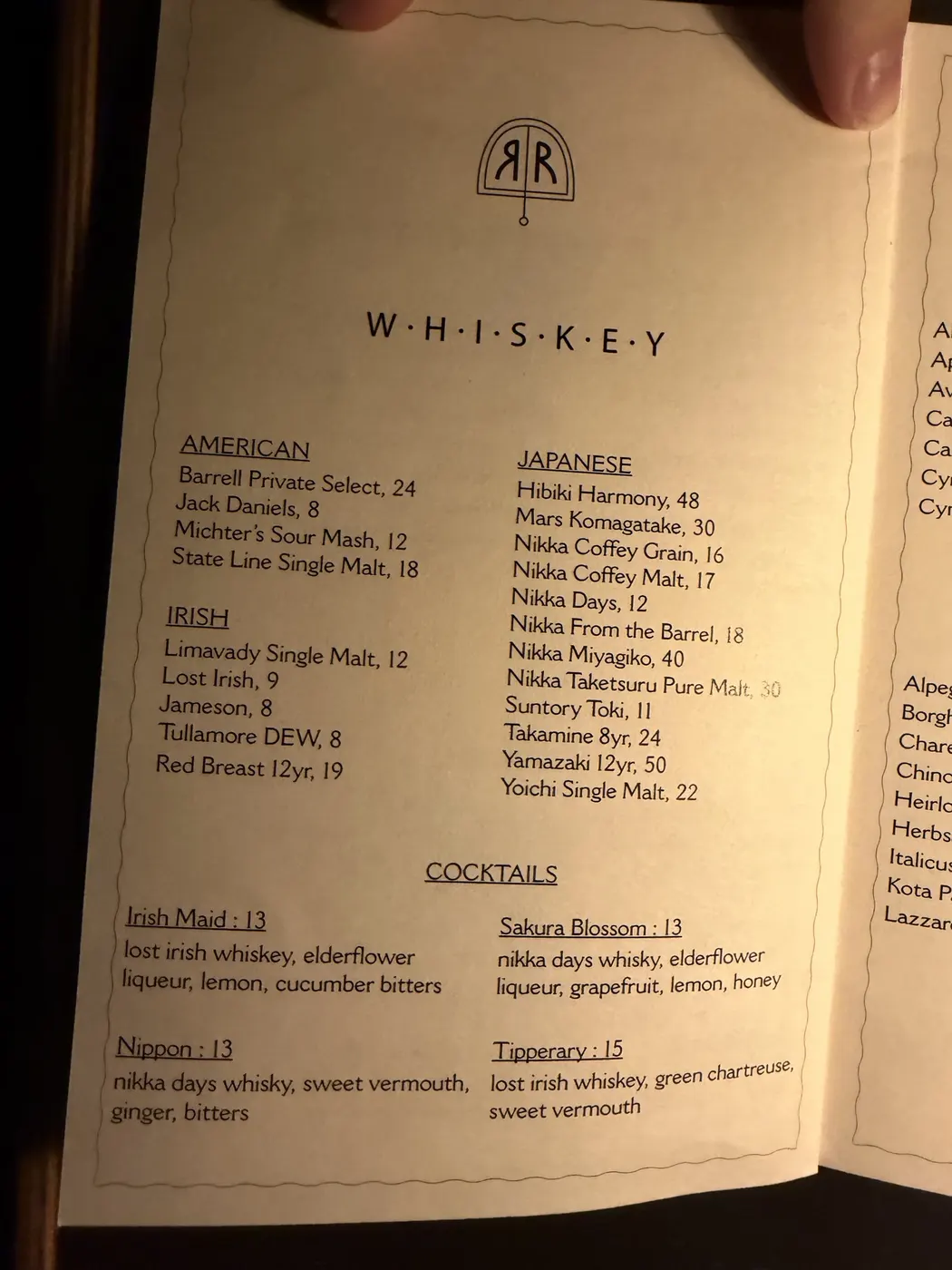 Robin Room Irish and Japanese whiskey list