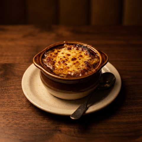 Crock of french onion soup