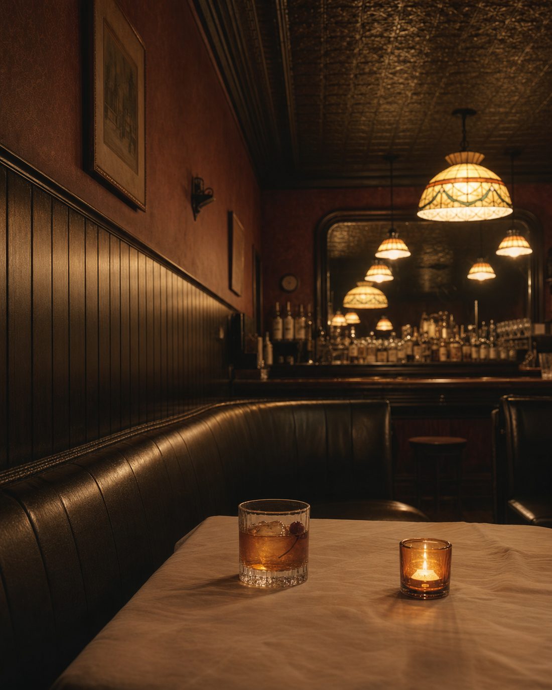Tornado Steak House lounge — black leather booth, beadboard wainscoting, stained-glass pendants, beveled bar mirror, an Old Fashioned in a heavy rocks glass on a white-linen two-top.